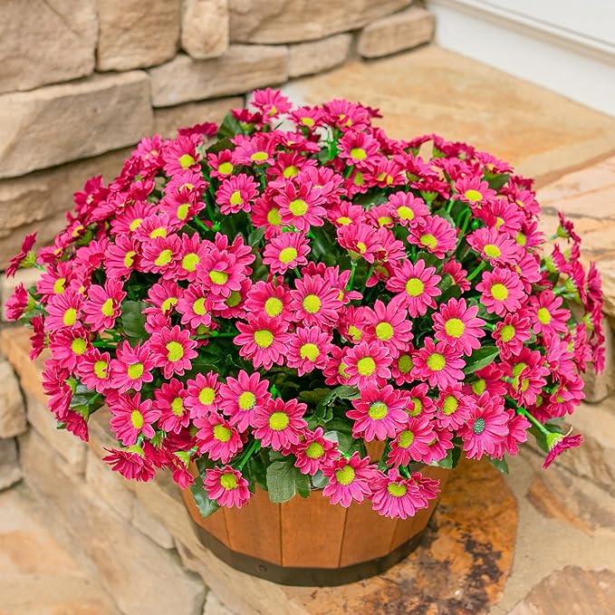 Daisy Artificial Flowers for Outdoors Fall Autumn Decoration, 6 Bundles Fake Mums Dark Red Silk Flowers for Outside Look Real UV Resistant Faux Flowers Plants for Planter Front Door Home Indoor Porch