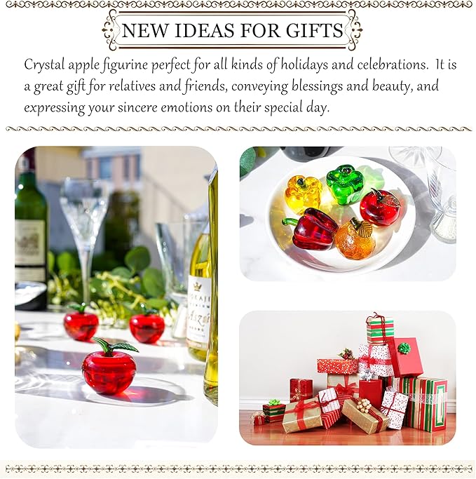Hand Blown Glass Red Apple Figurine Crystal Fruits Collectibles Apples Art Ornament Decoration for Home Office Kitchen Gift for Women