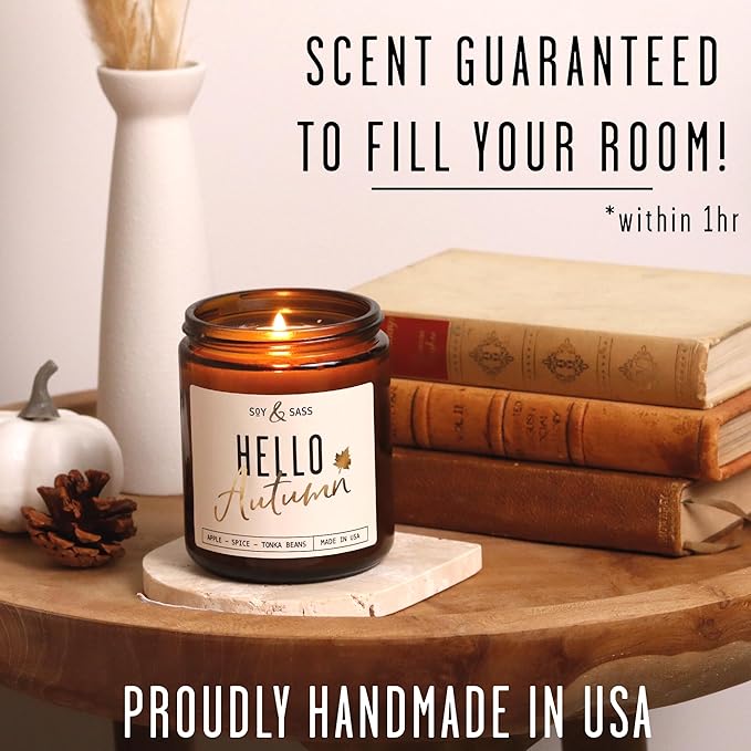 Fall Candles - ‘Hello Autumn’ Soy Fall Candle w/Apple, Cinnamon & Nutmeg I Infused with Essential Oils I Autumn Scented Candles I Cozy Décor Gifts I 9oz Jar I 50Hr Burn I Made in USA