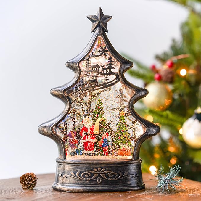 Musical Snow Globe Christmas Tree Lantern Lighted Santa's List Christmas Snow Water Lantern Swirling Glittering Home Decoration and Gift, Battery Operated or USB Powered