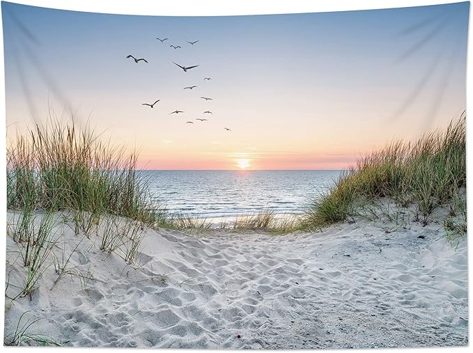 HVEST Ocean Beach Tapestry Wall Hanging, Sunset Seabird and Beach with Grass Wall Hanging Tapestry Natural Landscape Tapestry for Bedroom Living Room Dorm Decoration Wall Decor, 80x60 Inches