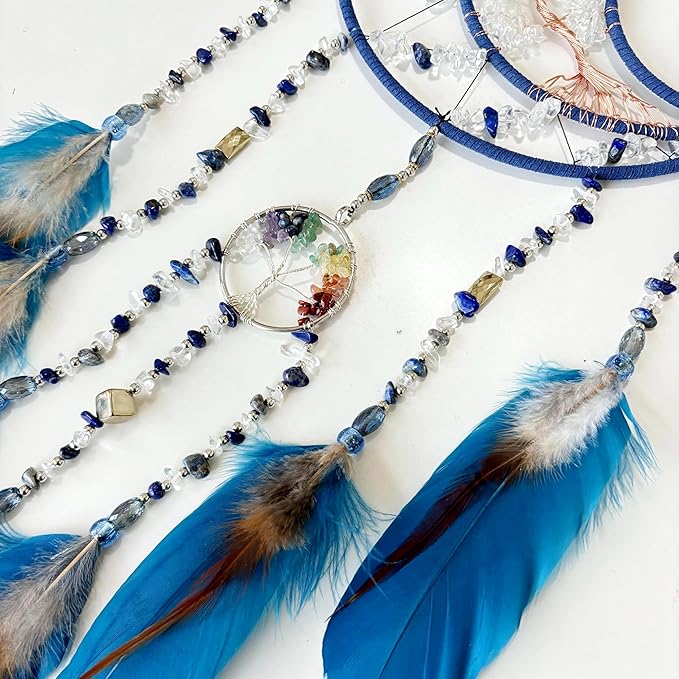Tree of Life Dream Catchers,Handmade Rainbow Healing Crystal Stone Dream Catcher Wall Hanging Ornament for Bedroom Wedding Party Decor, Festival Blessing Gift (Blue Purple Tree of Life Art(Moon))