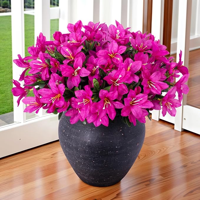 Artificial Flowers for Outdoors, 3 Bundles Fake Silk Azalea Bouquet Faux Flower Plants Outside Decoration UV Resistant Realistic Fake Flowers for Planter Front Door Patio Garden Walkways Home, Fuchsia