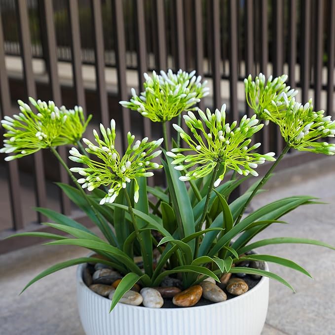 Faux Outdoor Flowers Realistic Artificial Plants 8 Bundles Agapanthus Plastic Flower Outside 18.9 in Fake Greenery Stems Green Flower for Pot Planter Decor Outside