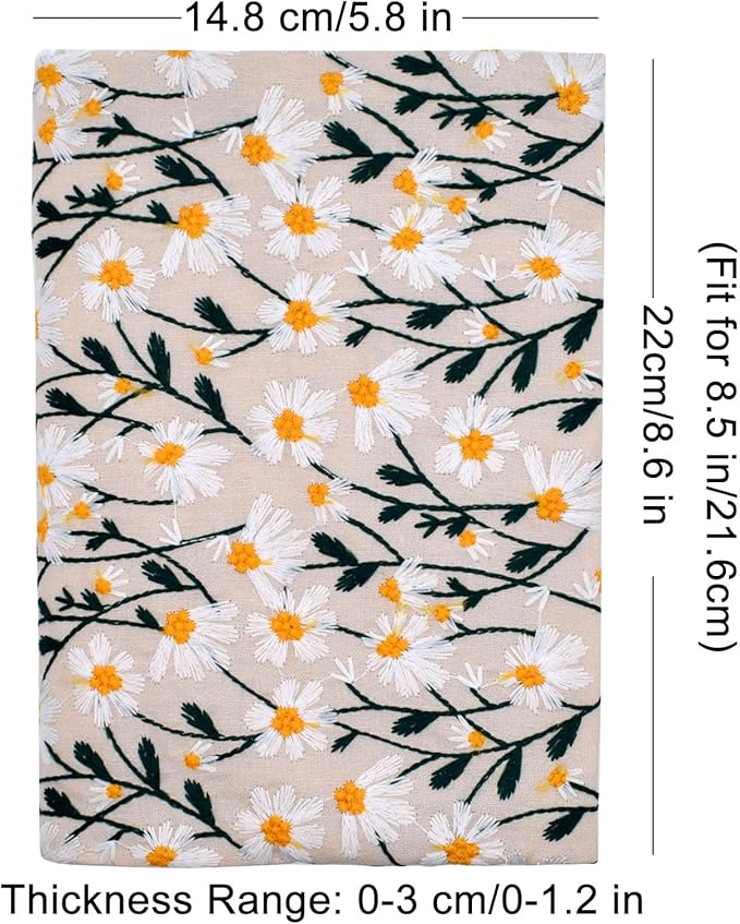 BLBMH Embroidery Book Covers for Paperbacks Fit for 5.5x8.5 inch Adjustable Book Sleeve Cover for Women Over 15 Soft Cloth Protector for Privacy Notebook Novels - Daisy 3