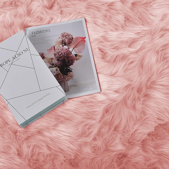 Goolela Pink Circle Rug - 4ft Round Shaggy Fuzzy Fluffy Washable Faux Fur Plush Rug for Living Room & Bedroom Home Decor