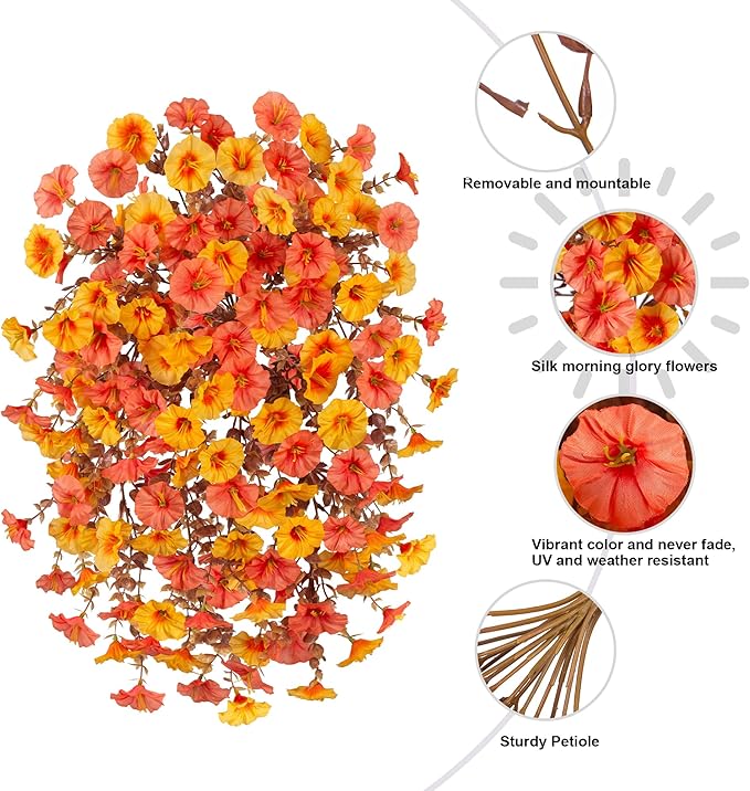 Ivydale 2 PCS Artificial Fall Hanging Flowers Fake Petunias Outdoor, Silk Faux Morning Glory Flowers with Eucalyptus,UV Resistant Realistic Mums Plants for Home Garden Decor (Fall Orange+Yellow)