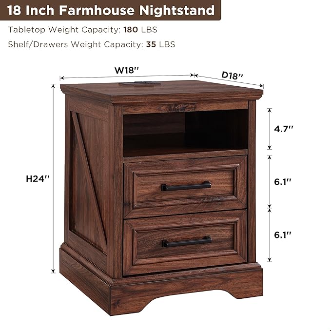 ACCOHOHO 18" Farmhouse Nightstand Set of 2 with Charging Station,End Table with 2 Drawers Storage,Side Table,Bedside Cabinet for Bedroom,Living Room, Brown