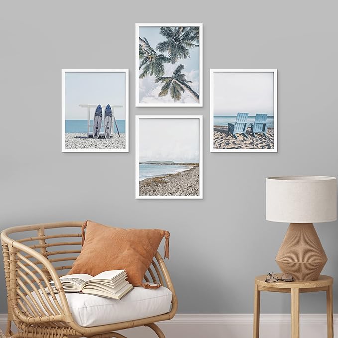 SIGNWIN Framed White Surfboard Tropical Palm Tree Beach Shore Wall Art, Set of 4 Landscape Colorful Wall Decor Prints, Nature Wilderness Wall Décor for Living Room, Bedroom - 8"x10" White