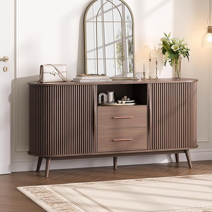 63" Storage Cabinet with Doors,Sideboard Buffet Cabinet, Accent Console Cabinet with Solid Wood Legs and Drawers,Fluted Buffet Table for Living Room, Entryway, Kitchen, Walnut