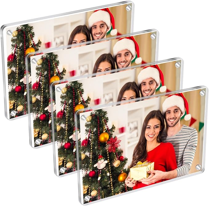 4 Pack Magnetic Picture Frames for Refrigerator 4x6, Acrylic Fridge Magnet Frame, Stylish Clear Framless Photo Frame for Home, Office, School Locker Display