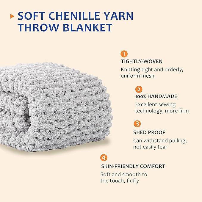 L'AGRATY Chunky Knit Blanket Throw - Soft Chenille Yarn Throw Blanket 40x50： Handmade Thick Cable Knit Crochet Blanke - Large Knit Blanket Chunky Rope Knot Throw Blanket for Couch Sofa Bed Home Decor