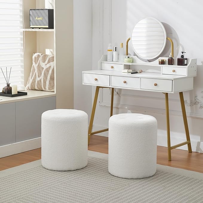 Modern Round Ottoman 2Pcs, Classic Foot Stool Ottoman, Teddy Fleece Upholstered Vanity Stool for Makeup, Bedroom, Living Room, White