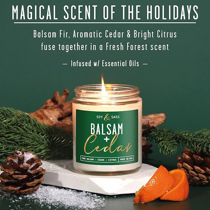 Balsam Candle, Christmas Candles Scented - 'Balsam + Cedar' Soy Candle, w/Balsam Fir, Cedar & Citrus - Infused with Essential Oils I Balsam Fir Candles I 9oz, 50Hr, Made in USA