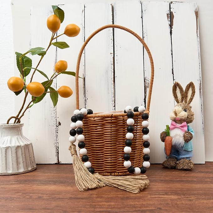 OMISHE 59in Wood Bead Garland with Tassels, Wooden Decorative Beads for Wall and Tabletop, Farmhouse Beads Garland for Home Decor, Black and White