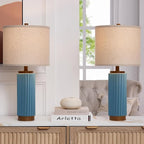 Ceramic Table Lamp Set of 2, 25" Modern Farmhouse Bedside Lamps with Oatmeal Linen Shade & USB A+C Ports, 3-Way Dimmable Nightstand Lamps for Living Room, Bedroom, Dining Room