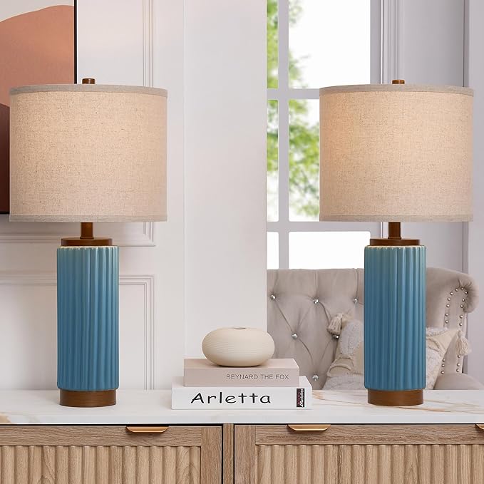Ceramic Table Lamp Set of 2, 25" Modern Farmhouse Bedside Lamps with Oatmeal Linen Shade & USB A+C Ports, 3-Way Dimmable Nightstand Lamps for Living Room, Bedroom, Dining Room