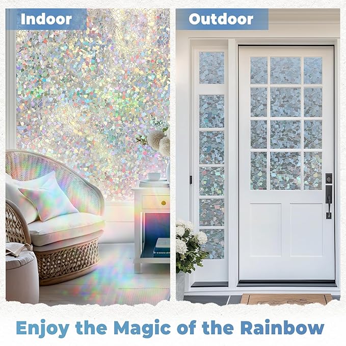 DOWELL Window Privacy Film Rainbow Film, Stained Glass Decorative Sticker, Static Cling Non-Adhesive Glass Clings, Sun Blocking Heat Control Window Coverings for Home Door, 23.6" x 118.1"