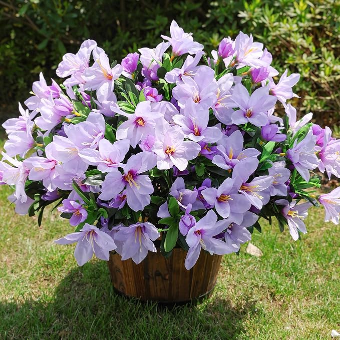 Artificial Flowers for Outdoors, 3 Bundles Fake Silk Azalea Bouquet Faux Flower Plants Outside Decoration UV Resistant Realistic Fake Flowers for Planter Front Door Patio Garden Walkways Home, Purple