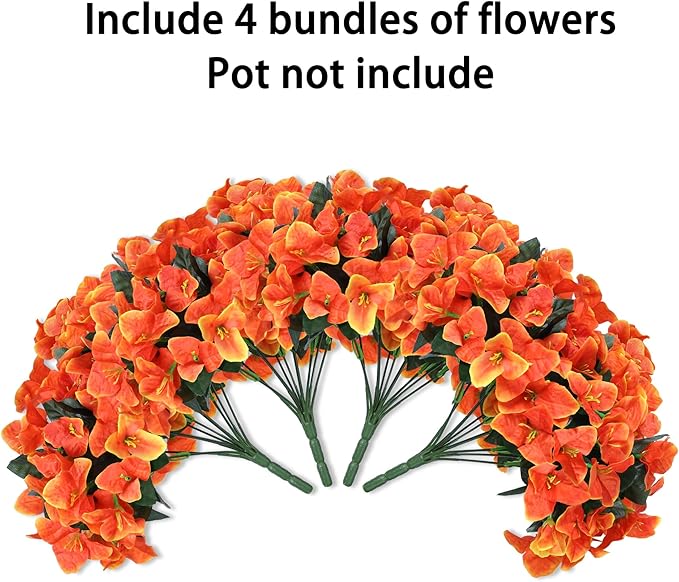 Ivydale Artificial Fall Flowers for Outdoors, 4 Bundles Fake Bougainvillea Flower Realistic Silk Flowers for Outside, Faux Fall Flowers for Outdoor Planters Patio Porch Home Decorations, Orange
