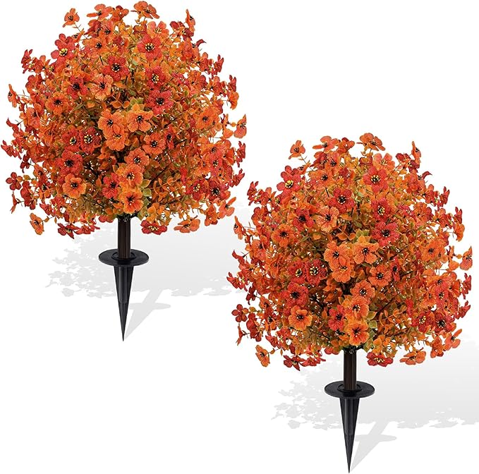 Artificial Topiary Ball Trees with Ground Spikes UV Resistant Faux Greenery Shrubs Fake Shrubs for Outdoors, Realistic Faux Plants Bushes for Garden Porch Yard Patio Decor (Orange Small Flower)