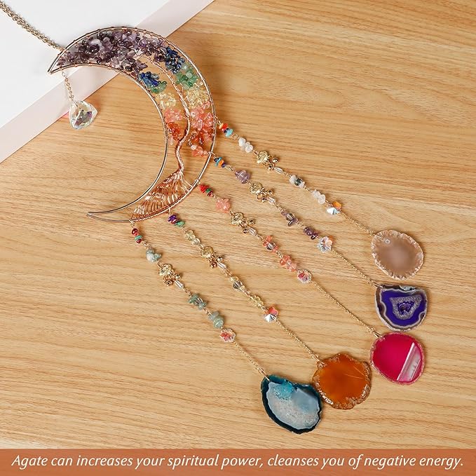 Agate Gemstone Dream Catcher 7 Chakra Tree of Life Dream Catcher with Rainbow Crystal Stones Handmade Dreamcatcher Wall Decor for Adults Boys Girls,Bedroom,Wedding,Garden,Bless Gift(Rainbow Moon)