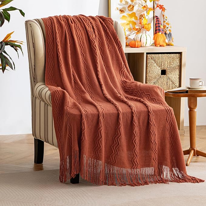 MIULEE Fall Rust Knitted Throw Blanket for Couch Boho Terracotta Textured Cozy Woven Blanket with Tassels for Sofa Chair Bed Living Room Acrylic Wave Pattern 60"x80"