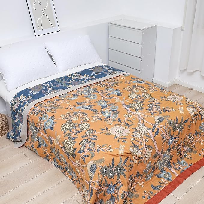 Snycler Boho Throw Blanket for Bed - 100% Cotton Ultra Soft Rustic Quilt Blanket Orange Bird Floral Printed Farmhouse Decor Bed Blankets, 80"×90" All Season Rustic Throw for Sofa Couch Chair
