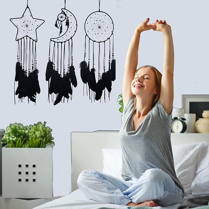 3PCS/LOT Star Moon Sun Shape Dream Catcher Home Decoration, and Baby Kids Room Accessory - Dream Catcher with Feather Decoration - Unique Home Craft Wall Pendant (Black)