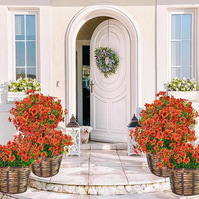 24 Bundles Artificial Flowers for Outdoors & Indoors – UV Resistant Faux Plastic Plants for Garden, Patio, Porch, Window Box, Home Decor – Lush & Vibrant Fake Flowers, Orange