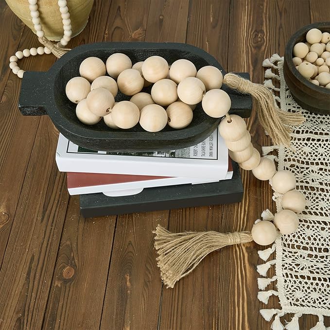OMISHE 60" Long Extra Large Wood Bead Garland with 1.6" Diameter Wooden Beads and Tassels, Rustic Farmhouse Country Decorative Beads for Home Decor Tiered Tray Decor, Natural Beige