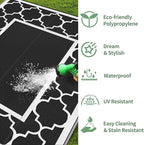 GENIMO 5' x 8' Outdoor Rug Waterproof for Patio Decor, Foldable Reversible Plastic Straw Area Rugs Mat for Camper, Outside Carpet for Rv, Deck, Porch, Picnic, Beach, Balcony, Black & White