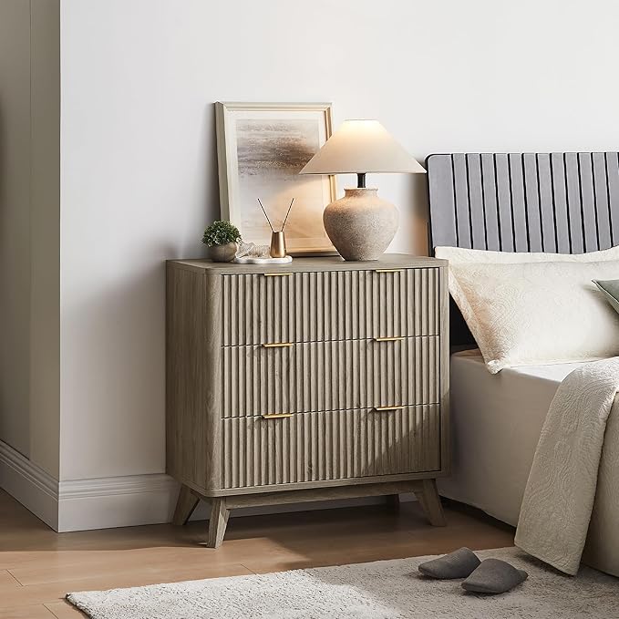 T4TREAM Fluted 3 Drawer Dresser, 32" Tall Modern Chest of Drawers, Curved Profile Design, Wood Drawer Organizer for Bedroom, Living Room, Hallway, Entryway, Grey Alder