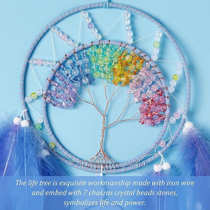 7 Chakras Dream Catchers Tree of Life Dream Catcher Blue Purple Feather Dreamcatcher Wall Decor with Rainbow Healing Crystal Stone Wall Art Hanging for Bedroom Home Decor Bless Gift Wedding Party