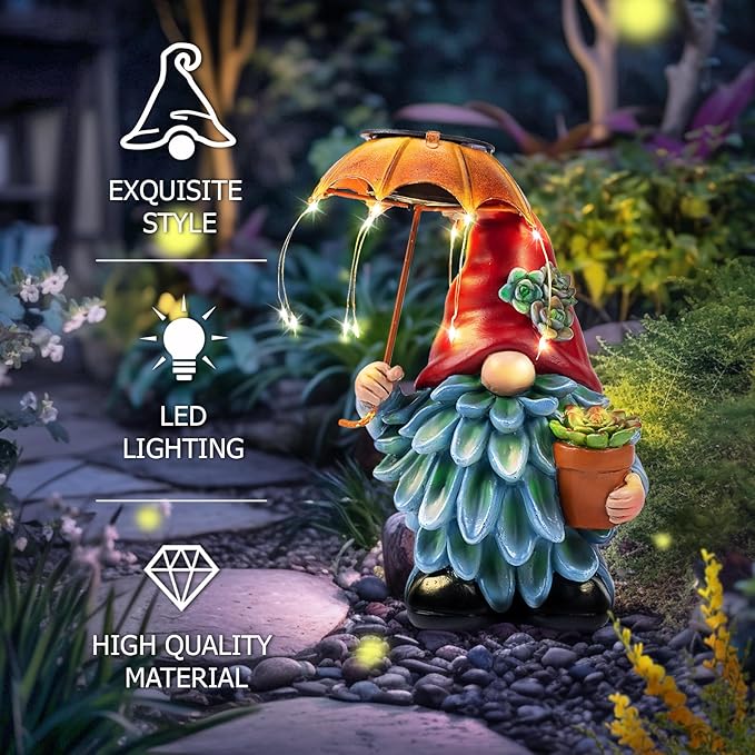 Solar Outdoor Statues Gnome Garden Decor, Garden Gnome with Solar LED Umbrella Decorative for Patio, Balcony, Lawn, Yard Ornament - Unique Gardening Gifts for Mom Grandma