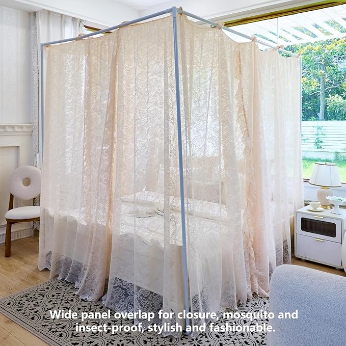 AIKASY Elegant Lace Princess 4-Poster Bed Canopy Mosquito Net - Romantic Wedding Bridal Bedroom Decor, Kids Room Bed Curtain for Women Adults - (Cream-1,Queen)