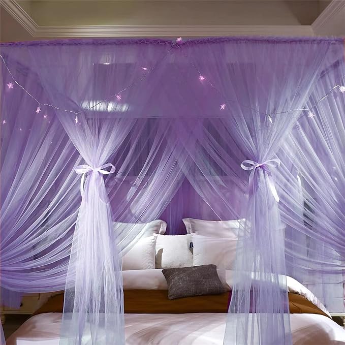 VETHIN 4 Corners Post Princess Bed Canopy Curtain Double Layer Cozy Drape Netting 4 Opening Mosquito Net for Girls & Adults Bedroom Decoration Accessories (Double Purple, 47" W*78" L*82"*H/Twin)