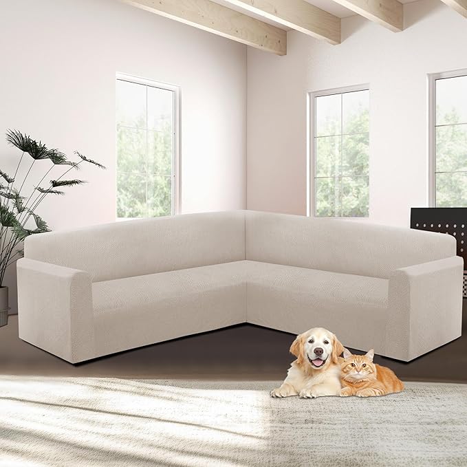 HDCAXKJ Sectional Couch Cover L Shape Stretch Sofa Covers Washable Jacquard Corner Couch Slipcover Non Slip Sectional Slip Cover U Shaped Furniture Protector for Pets Dogs (Natural, X-Large)
