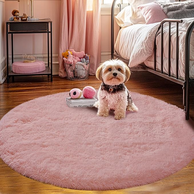 Blush Round 4x4ft Fluffy Rug: Ultra Soft Furry Girls Bedroom Carpet- Circle Plush Shag Nursery Rug for Girls Room & Kids Room- Blush Plush Area Rugs for Bedroom, Living Room, Home Decor