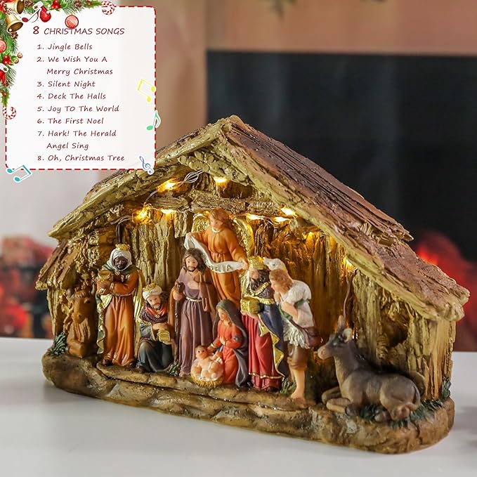 Bdor Nativity Scene Christmas Decoration, 11.4x3.5x7 Inch Lighted Jesus Birth Display, Holy Family Christmas Tabletop Decoration, Electric Manger Scene with LED Lights