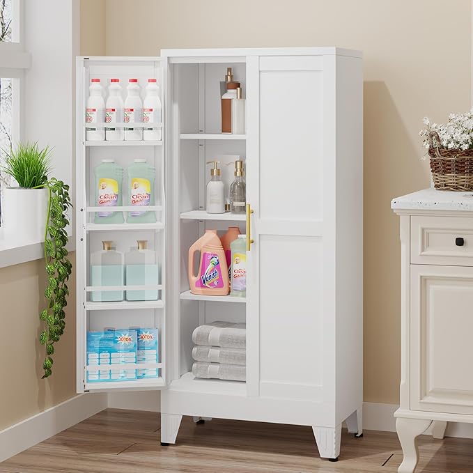 51" Metal Kitchen Pantry Cabinet, Storage Cabinets with 2 Door and 3 Adjustable Shelves, White Freestanding Food Storage Cabinet, Steel Cupboard for Kitchen Dinning Room