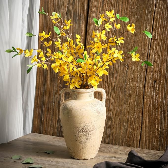 Ceramic Flower Vase, 8.85 inch Tall Terracotta Vase with 2 Handles, Rustic Farmhouse Vase for Home Decor, Living Room Shelf Decor, Enterway, Table