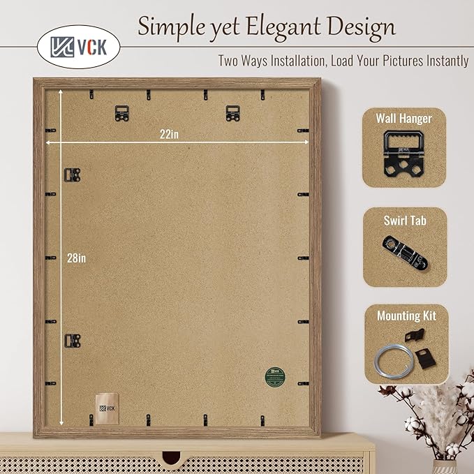 VCK 22x28 Frame 3 Pack - Brown Walnut, Natural Textured Solid Wood Poster Picture Frame, Wall Mounting Hanging