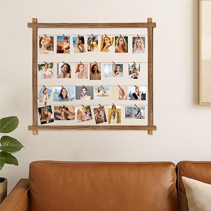 Collage Picture Frame,Photo Display Board,Hanging Pictures Frames with Clips for Graduation Birthday Party,Dorm Photo Card Wall Decor Hanger Holder,Upgraded,Easy To Assemble,Large(Carbonized Brown)