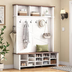Ball & Cast 4-in-1 Hall Tree with 6 Hooks,Walnut Entryway Bench with Adjustable Shelves,Rustic Shoe Organizer with 16 Open Compartments,for Mudroom,Living Room,Hallway,White