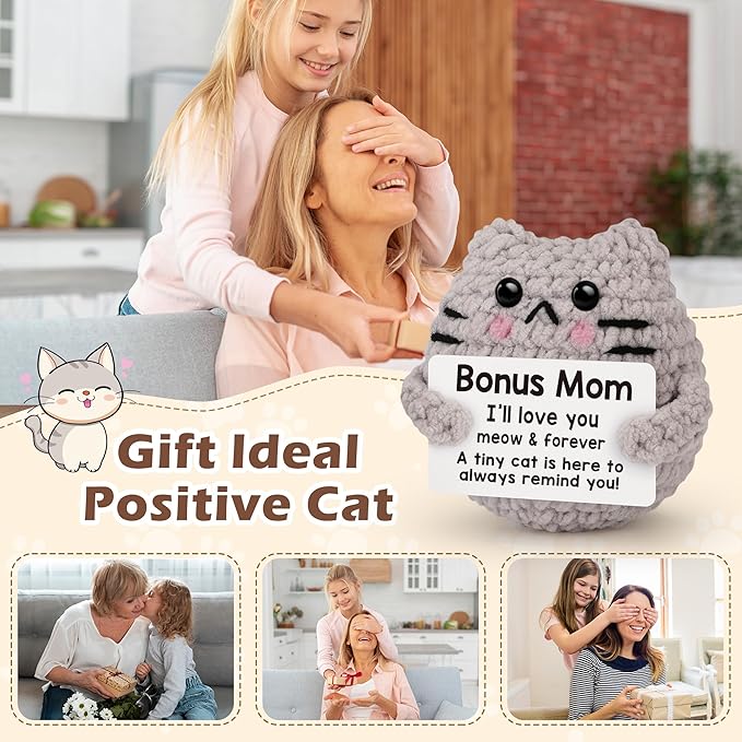 Bonus Mom Gift from Daughter Son Birthday Gifts for BonusMom Stepmom Emotional Support Crochet Cat Cute Stuff Thing Handmade Positive Crochet Mothers Day Christmas Stocking Stuffers