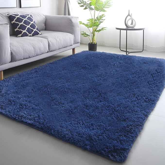 CAIYUECS Blue Shag Area Rug,Indoor Ultra Soft Plush Rugs for Bedroom Living Room, Non-Skid Modern Nursery Faux Fur Rugs for Kids Room Home Decor (5x7 Feet, Navy Blue)