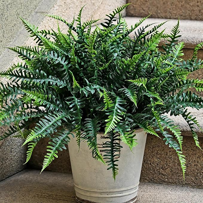 UV-Resistant Artificial Plants Faux Ferns – Certified Fade-Proof Outdoor Decor – Realistic Green Leaves Fake Greenery for Patio, Planters Front Porch Garden, and Landscaping 16 Bundles