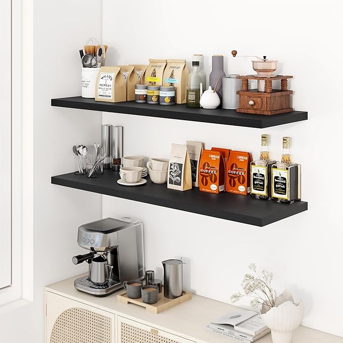 Dreamland 48" Floating Shelves for Wall, 12" Deep Slim Black Floating Shelves, Wall-Mounted Shelves for Bedroom, Living Room, Kitchen, Bathroom - Set of 2