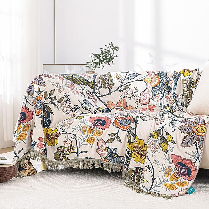 Snycler Boho Throw Blanket for Bed, 100% Organic Cotton Muslin Soft Throw-Floral Farmhouse Rustic Spring Summer Fall Decor Blanket for Couch Sofa Quilt and Gift, 60" x 80" White